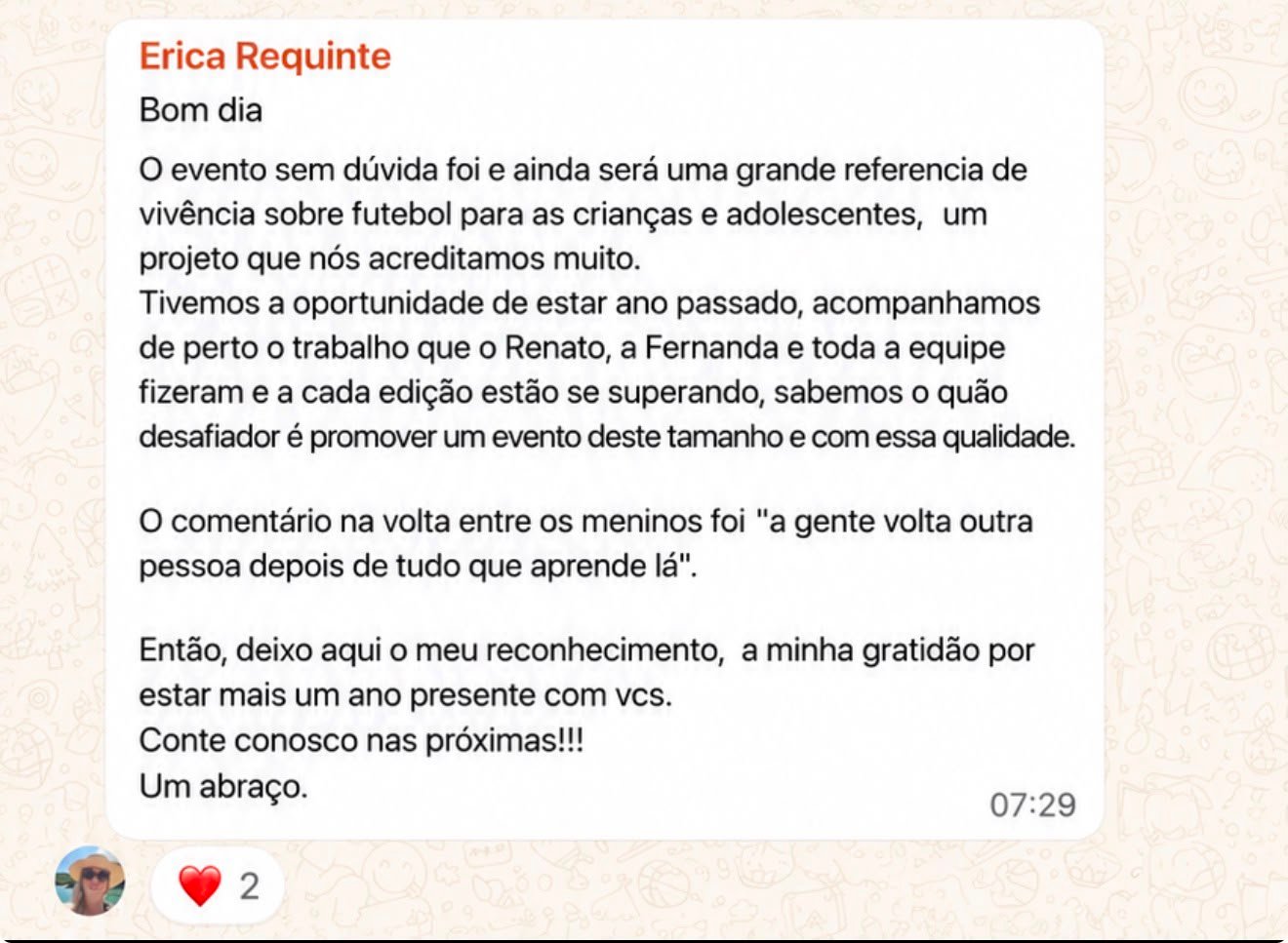 Mensagem de uma família do Lendas Camp enviada no grupo do evento