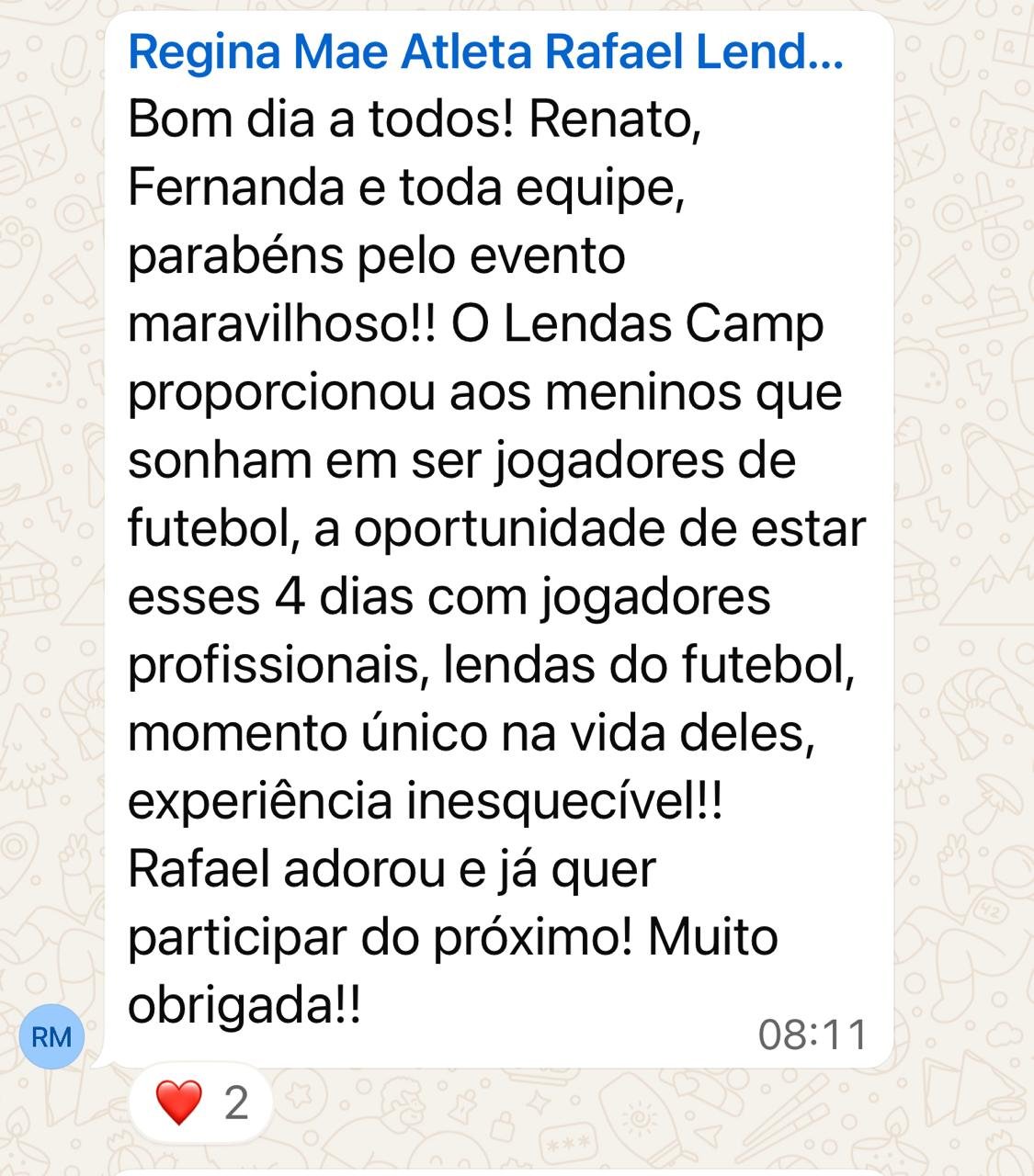 Mensagem de uma família do Lendas Camp enviada no grupo do evento