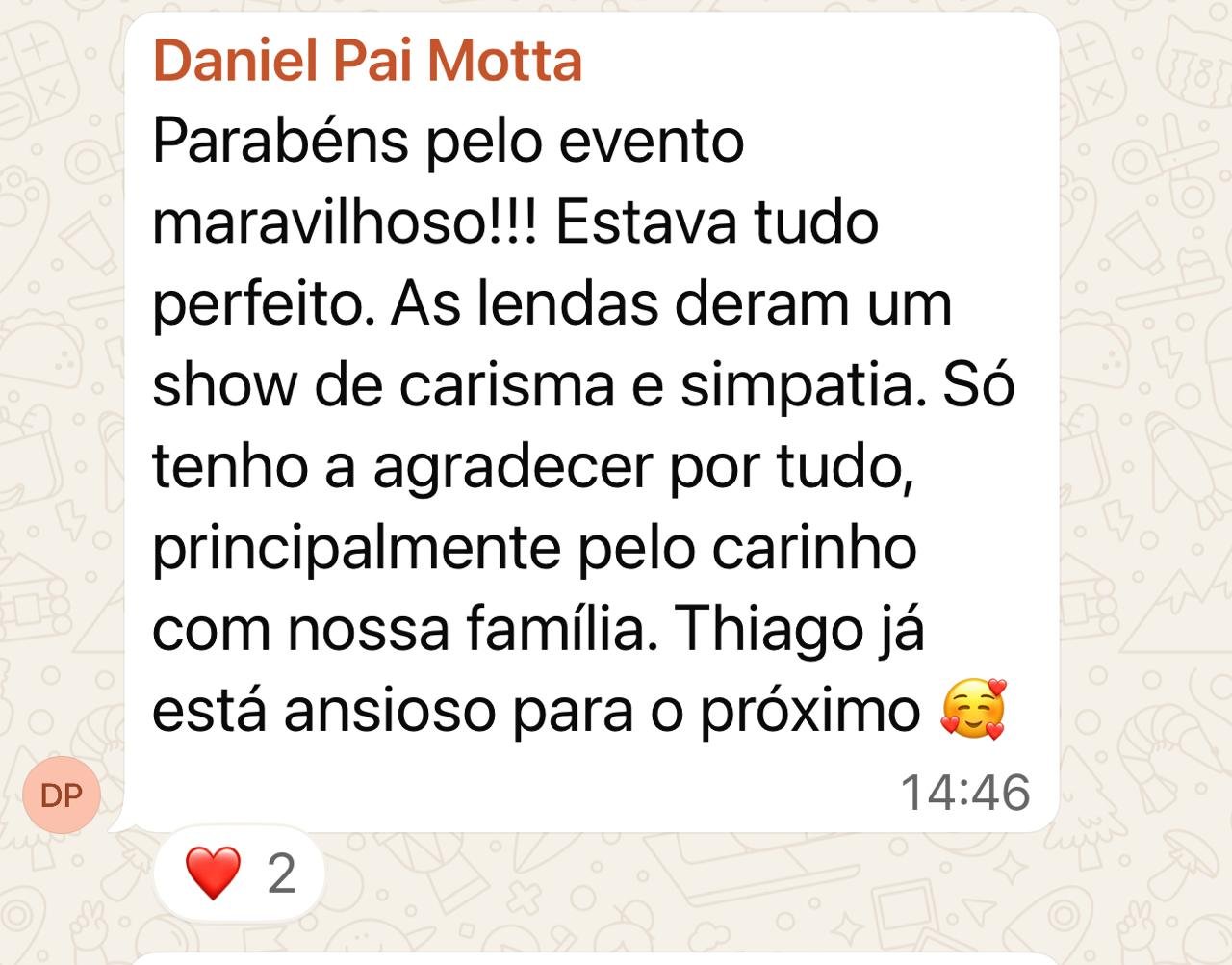 Mensagem de uma família do Lendas Camp enviada no grupo do evento