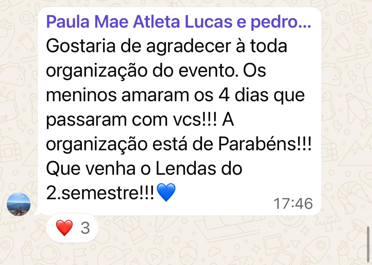 Mensagem de uma família do Lendas Camp enviada no grupo do evento