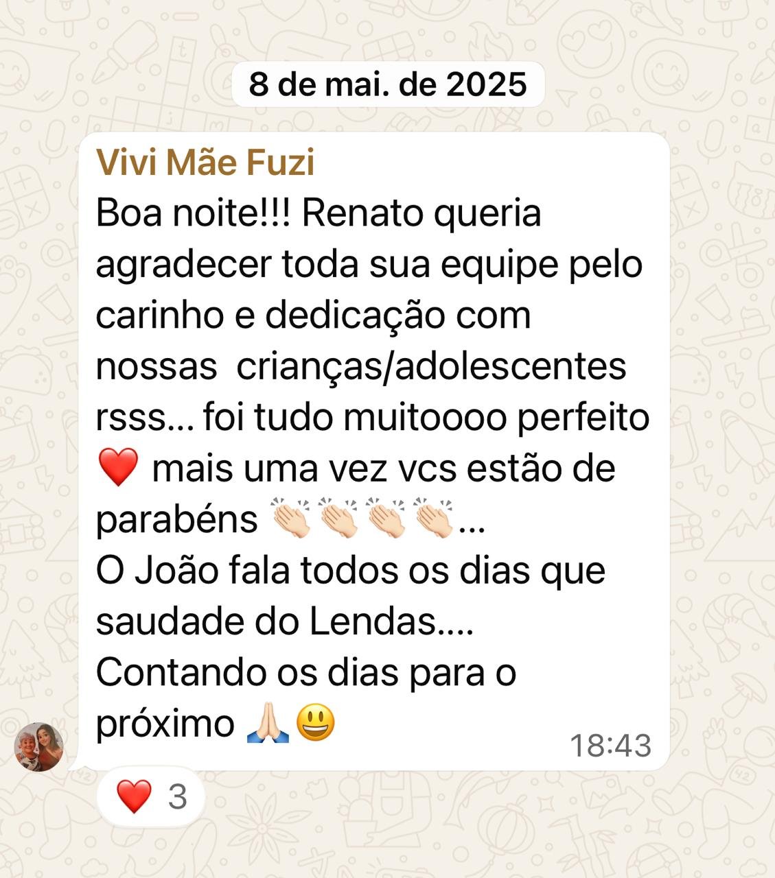 Mensagem de uma família do Lendas Camp enviada no grupo do evento